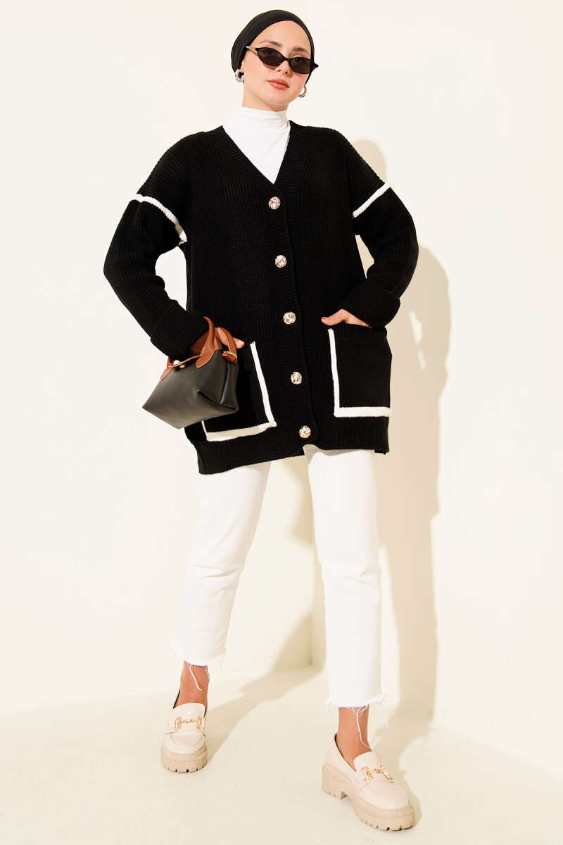 Pocketed Gold Button Knit Cardigan Black - Image 2