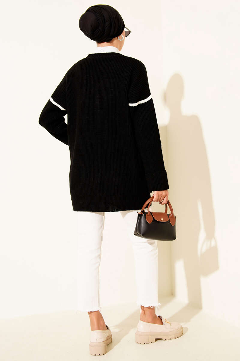 Pocketed Gold Button Knit Cardigan Black - Image 3