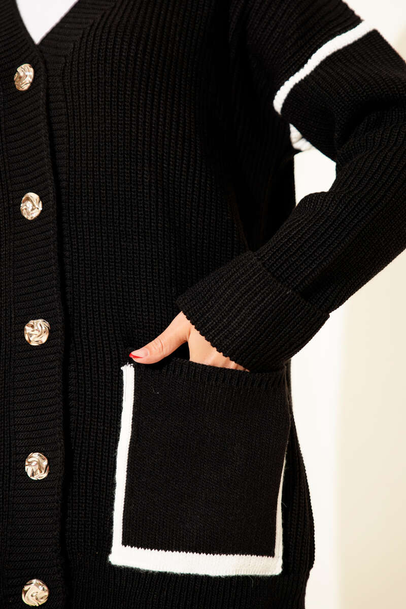 Pocketed Gold Button Knit Cardigan Black - Image 4