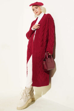 Alternative view of Pocketed Knitted Patterned Long Cardigan Burgundy