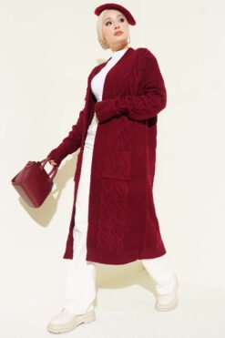 Pocketed Knitted Patterned Long Cardigan Burgundy