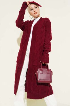 Alternative view of Pocketed Knitted Patterned Long Cardigan Burgundy