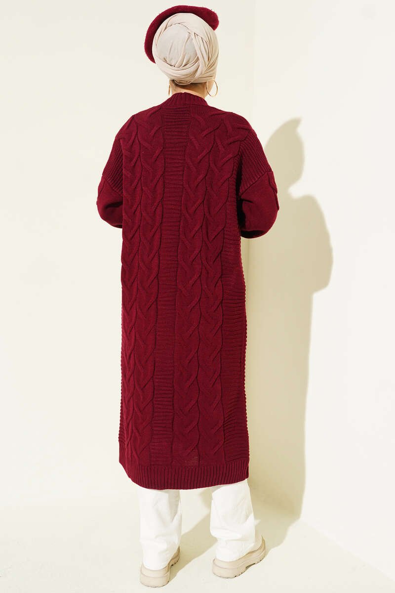 Pocketed Knitted Patterned Long Cardigan Burgundy - Imagen 3