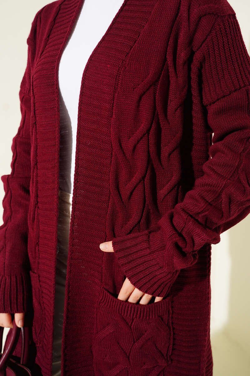 Pocketed Knitted Patterned Long Cardigan Burgundy - Imagen 4