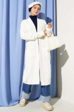 Alternative view of Pocketed Knitted Patterned Long Cardigan Ecru