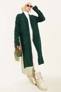 Alternative view of Pocketed Knitted Patterned Long Cardigan Emerald