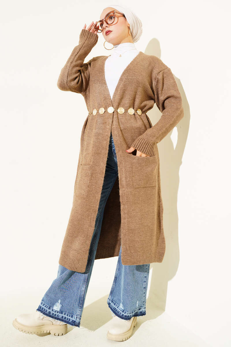 Pocketed Long Knit Cardigan Mink