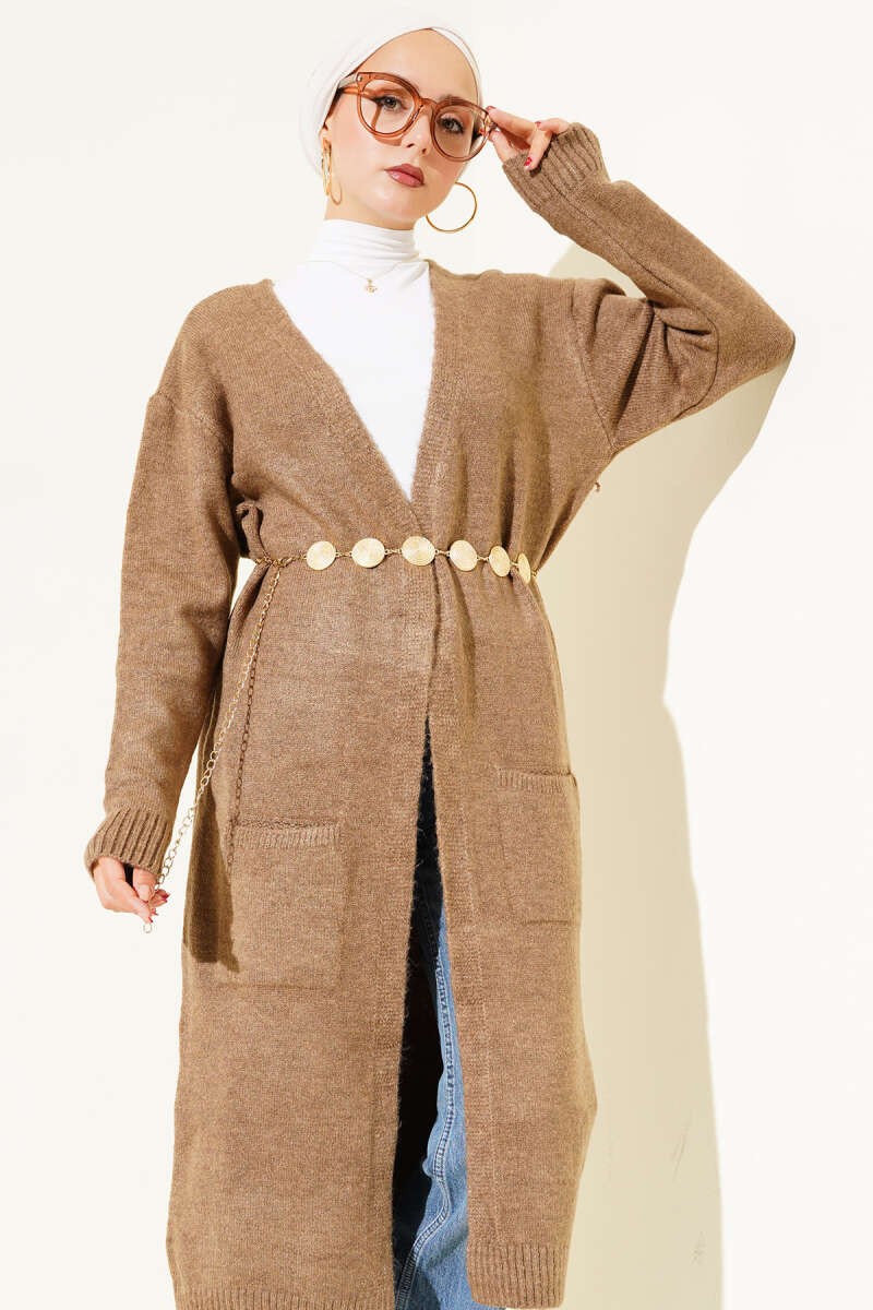 Pocketed Long Knit Cardigan Mink – Image 2