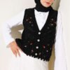 Floral Patterned Openwork Buttoned Vest Black