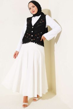 Alternative view of Floral Patterned Openwork Buttoned Vest Black