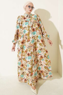 Floral Patterned Ruffled Dress Beige