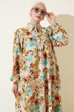 Alternative view of Floral Patterned Ruffled Dress Beige
