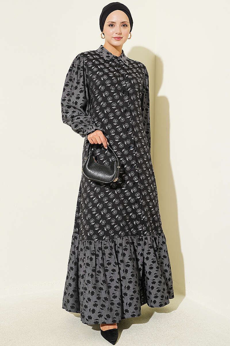 Floral Pattern Relaxed Fit Ruffled Dress Black