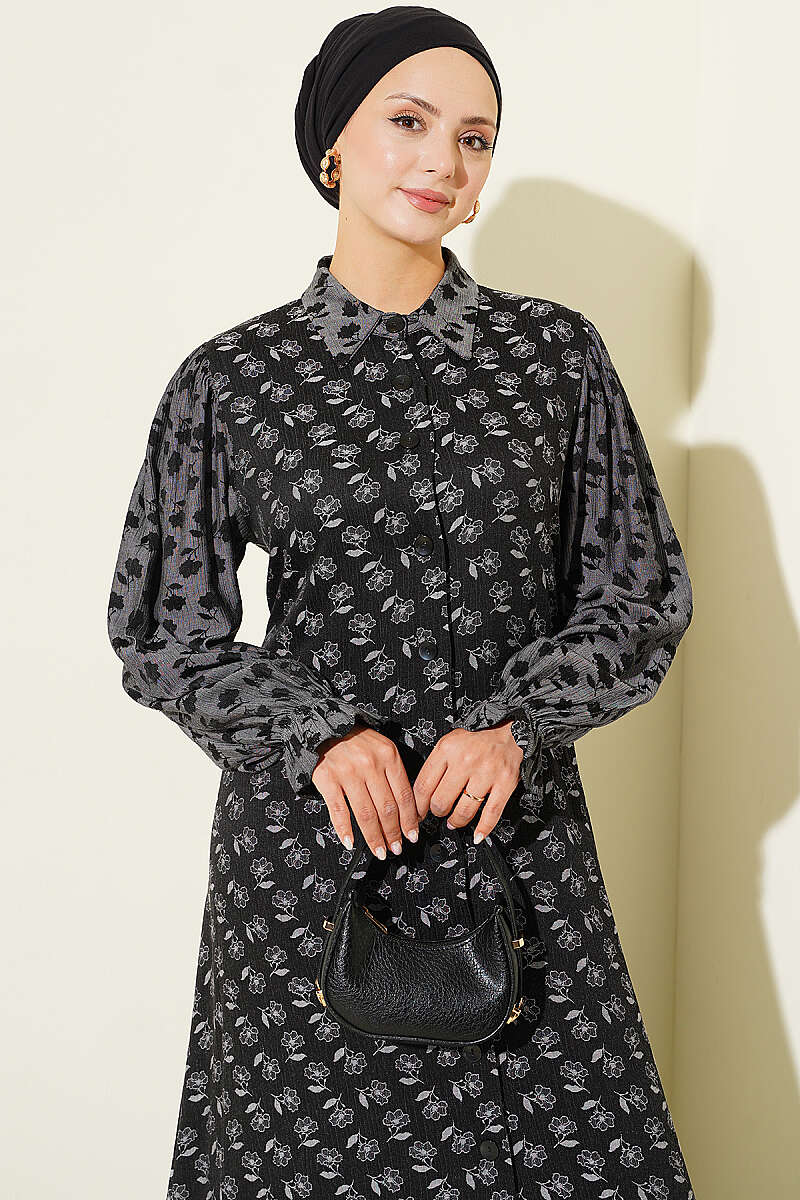 Floral Pattern Relaxed Fit Ruffled Dress Black – Bild 2