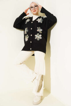 Alternative view of Floral Pattern Button-Up Knit Cardigan Black