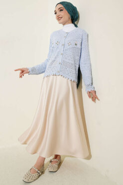 Alternative view of Floral Embroidery Openwork Short Knit Cardigan Baby Blue