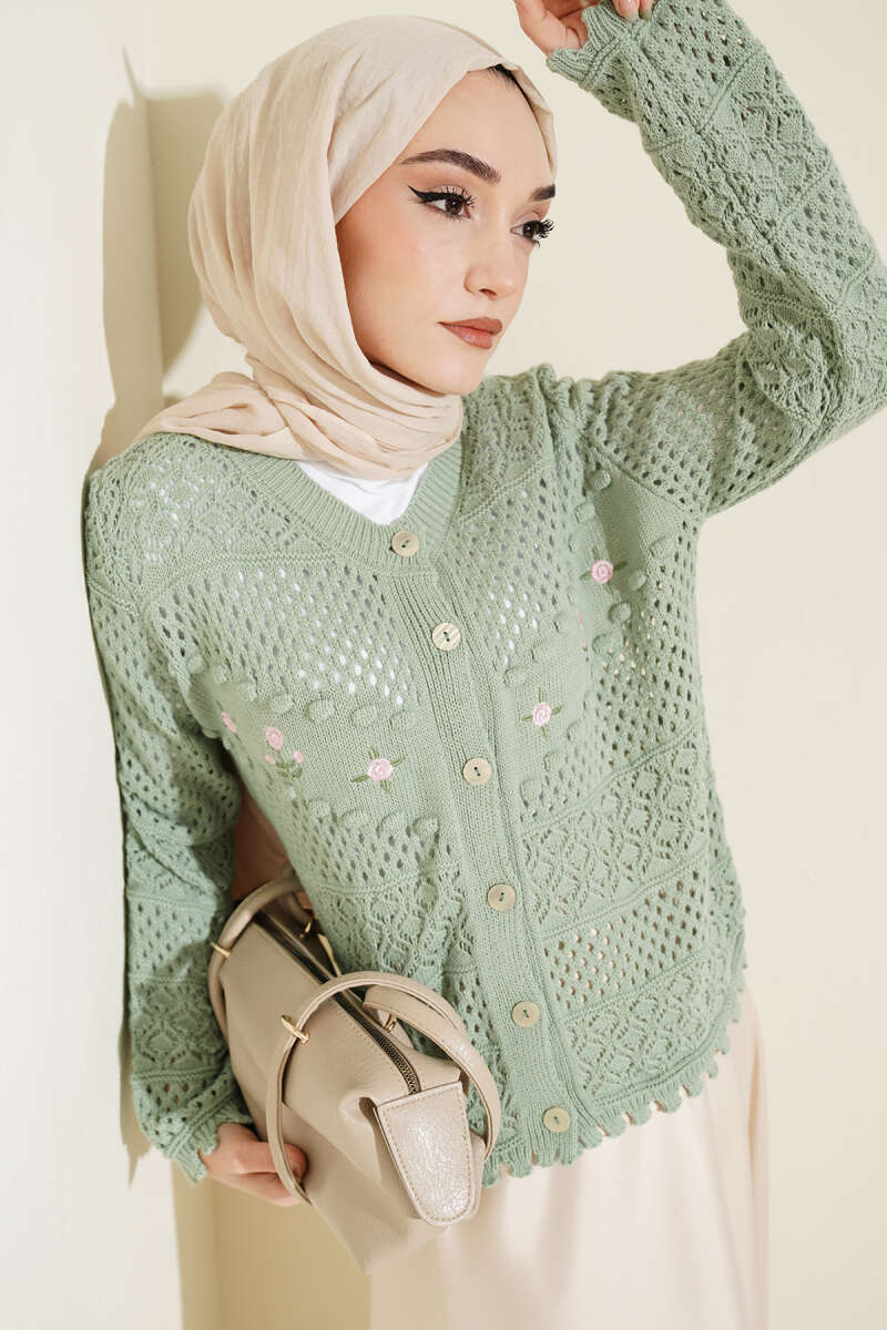 Floral Embroidery Openwork Short Knit Cardigan Mint