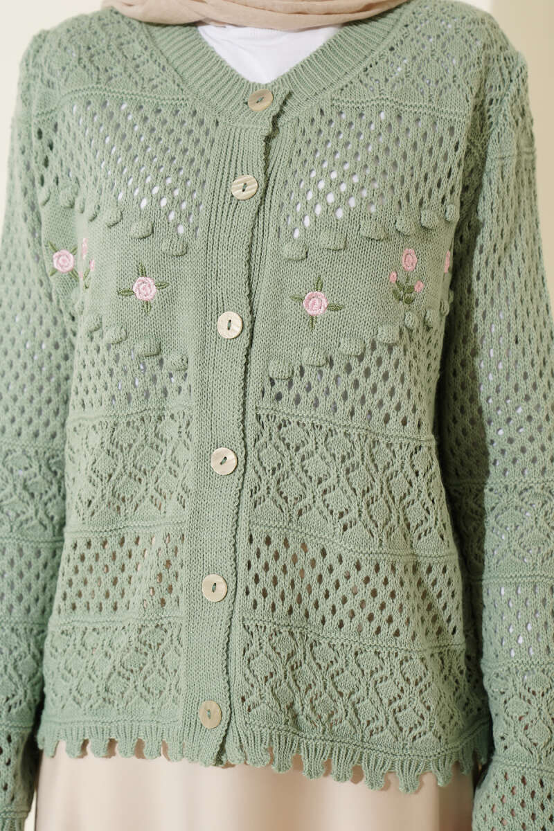 Floral Embroidery Openwork Short Knit Cardigan Mint - Afbeelding 4