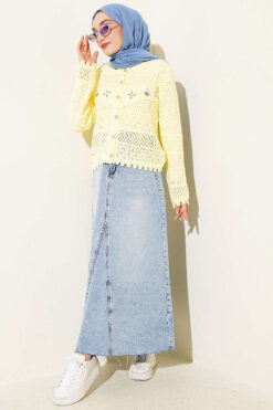 Alternative view of Floral Embroidery Openwork Short Knit Cardigan Yellow