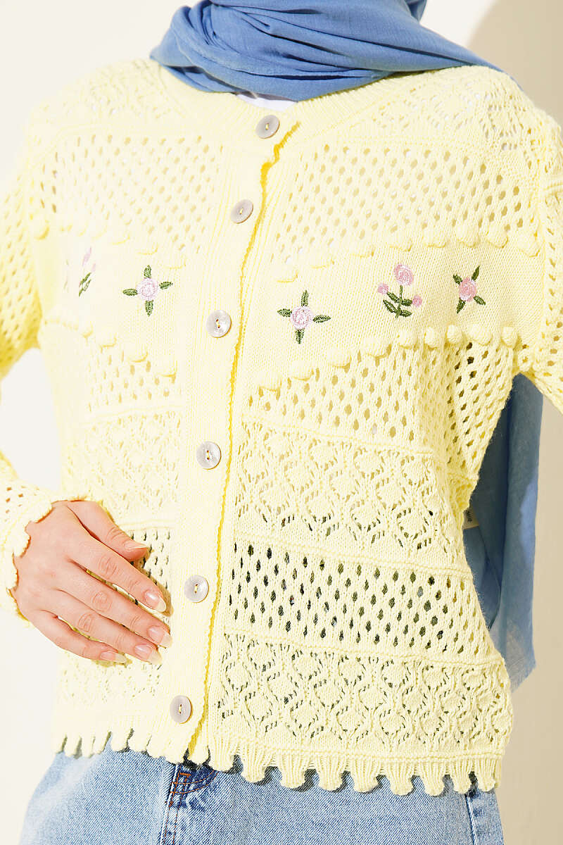 Floral Embroidery Openwork Short Knit Cardigan Yellow – Image 4