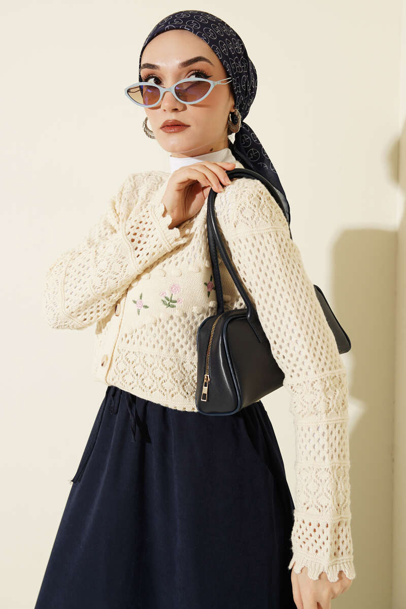 Floral Embroidery Openwork Short Knit Cardigan Stone