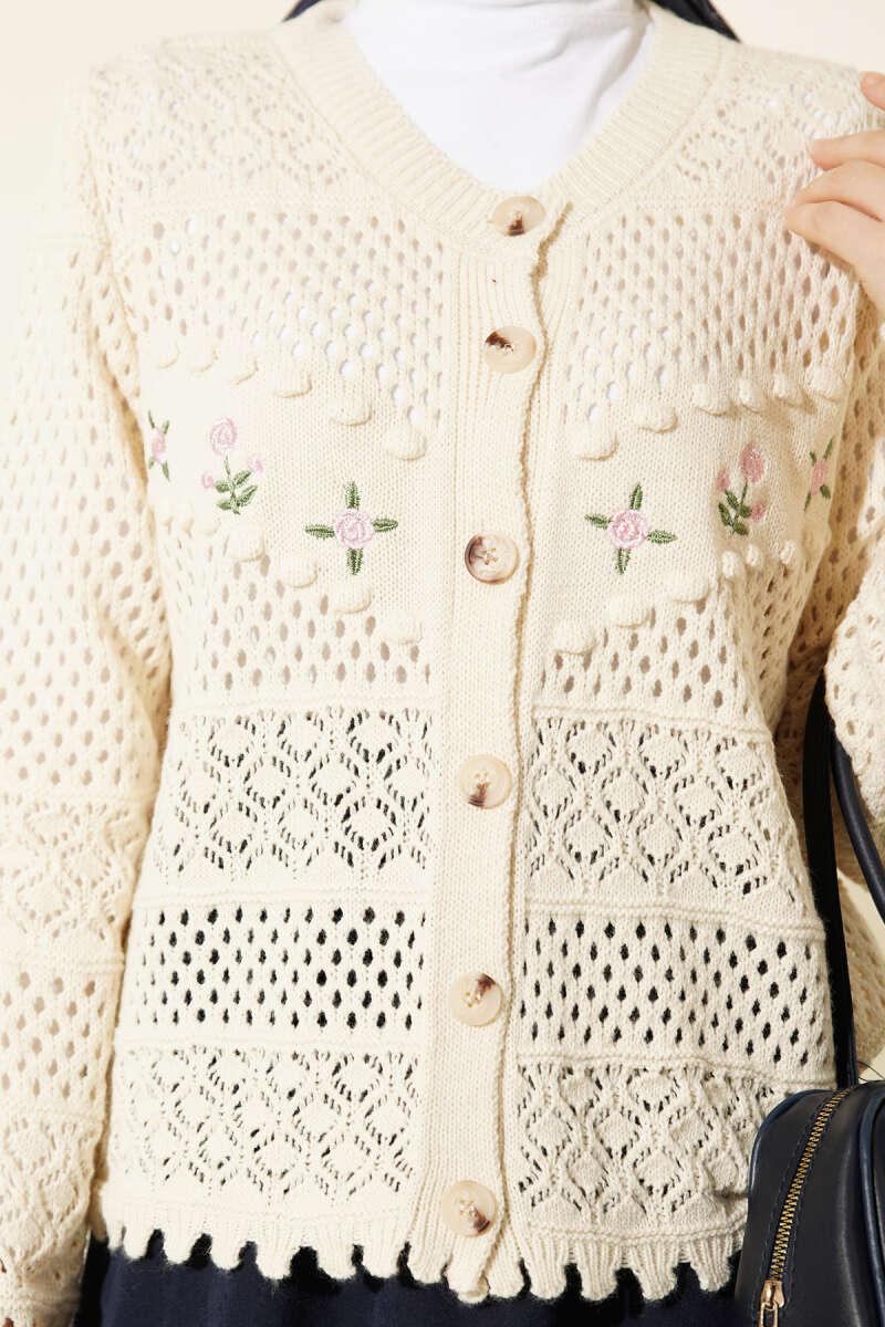 Floral Embroidery Openwork Short Knit Cardigan Stone - immagine 4