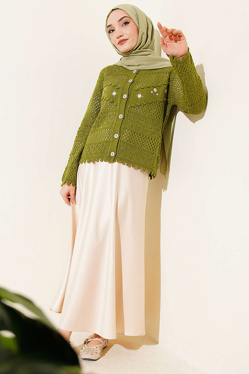 Floral Embroidery Openwork Short Knit Cardigan Green - Afbeelding 2