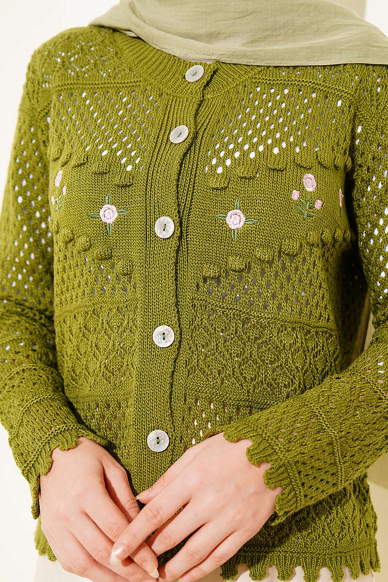 Floral Embroidery Openwork Short Knit Cardigan Green - Afbeelding 4