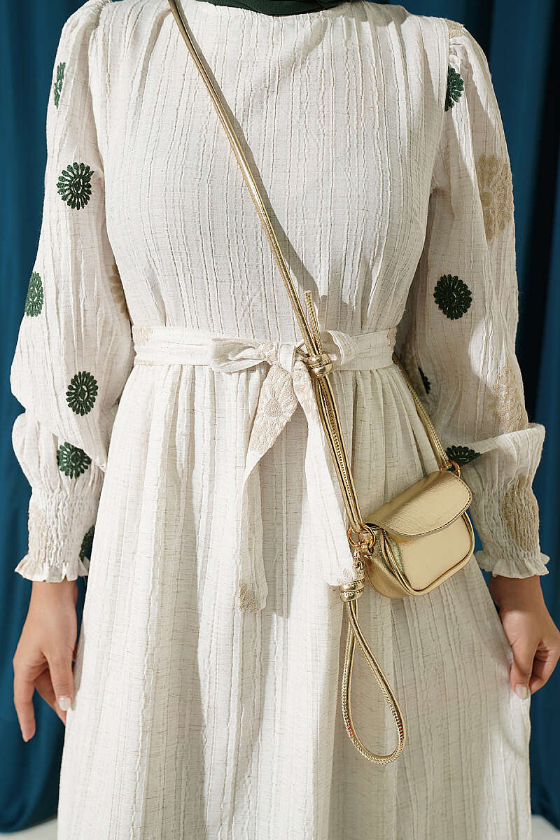 Floral Embroidered Detail Dress Khaki - Image 4