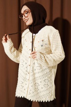 Embroidered Floral Openwork Knit Cardigan Beige