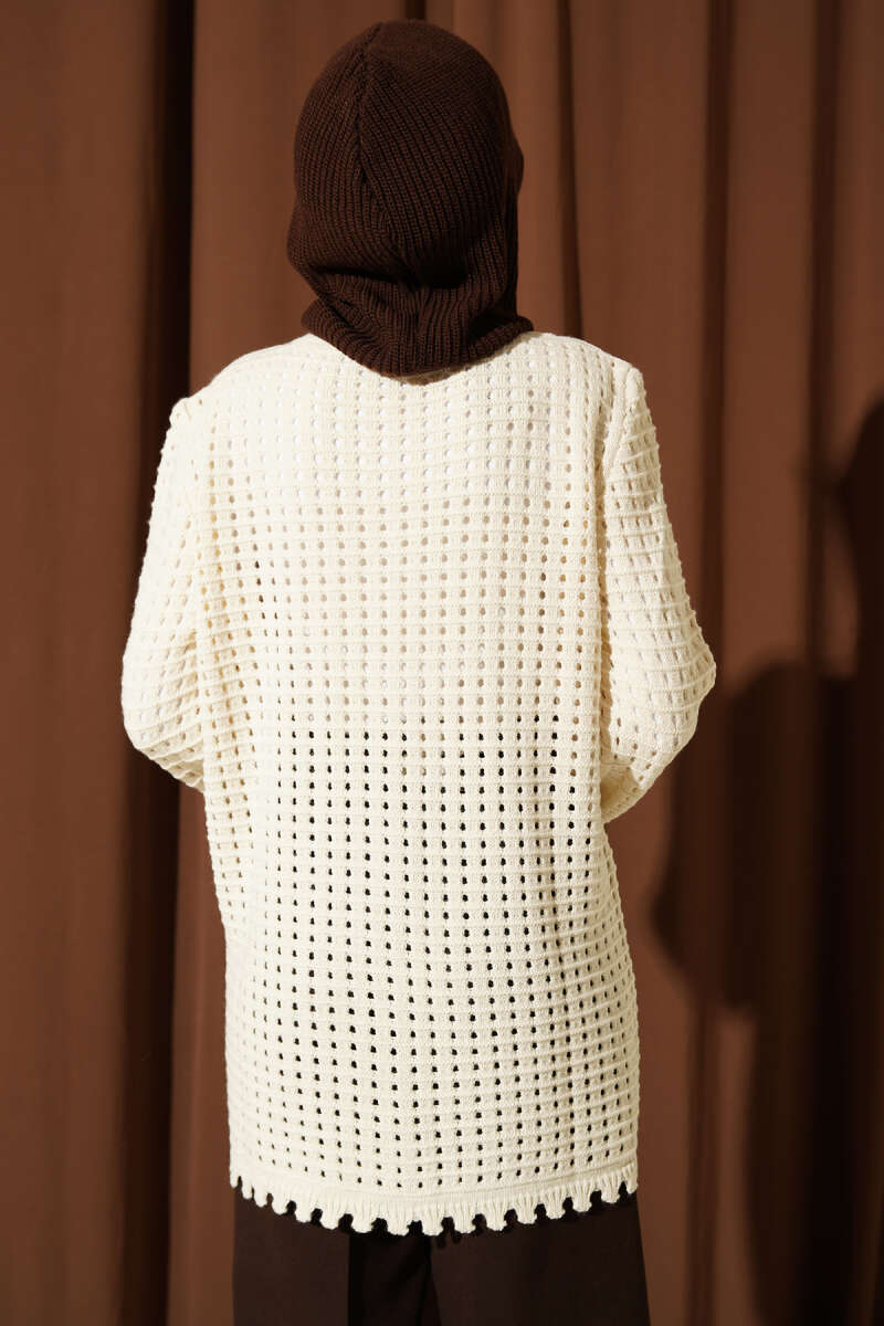 Embroidered Floral Openwork Knit Cardigan Beige – Image 3