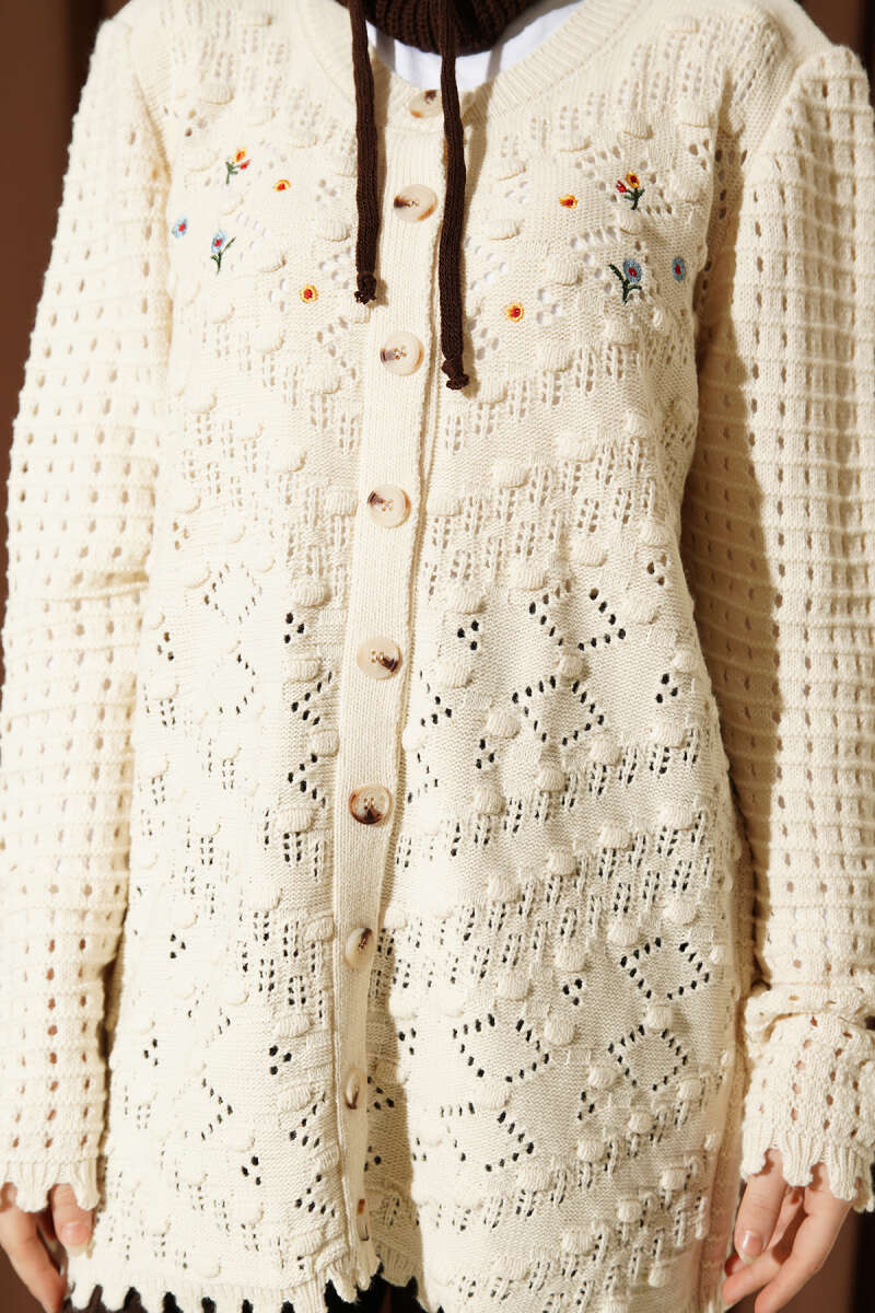 Embroidered Floral Openwork Knit Cardigan Beige – Image 4