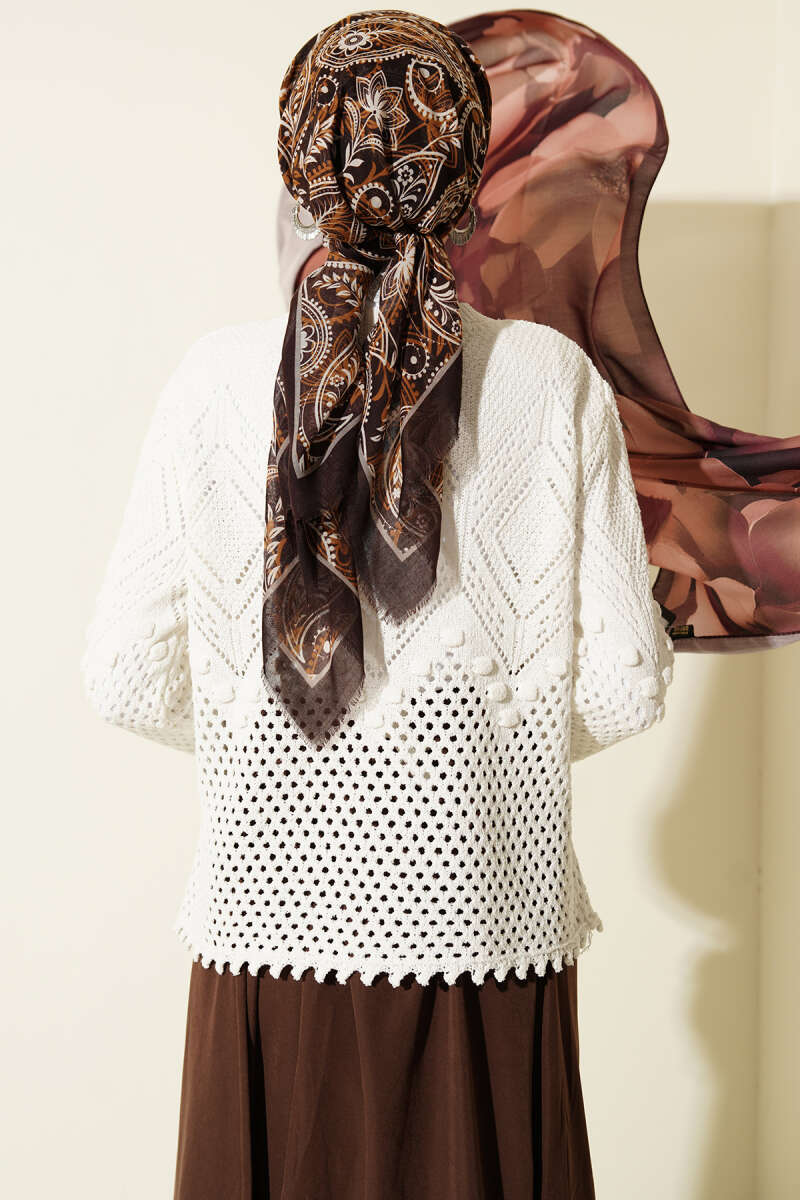 Floral Embroidered Openwork Short Knit Cardigan White - immagine 3