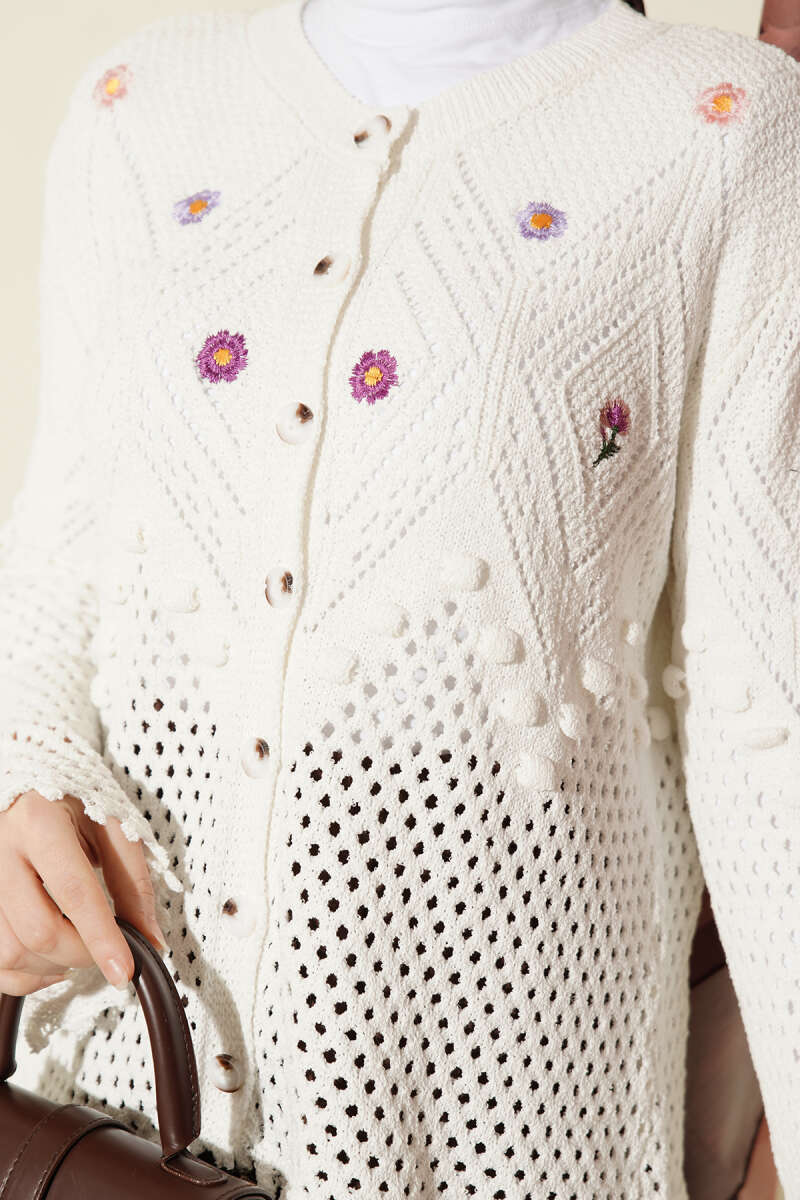 Floral Embroidered Openwork Short Knit Cardigan White - immagine 4