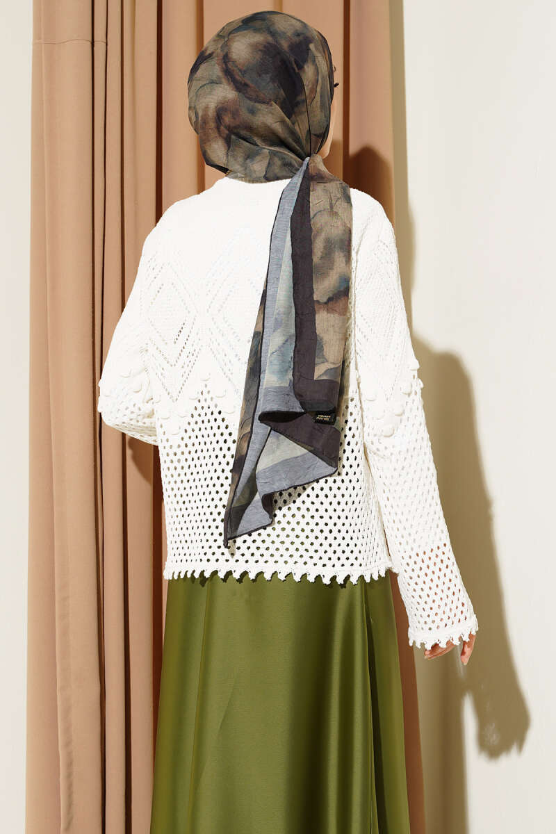 Floral Embroidered Button-Up Short Knit Cardigan White - Imagen 3