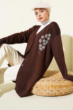 Button-Up Mercerized Cardigan with Floral Embroidery Brown