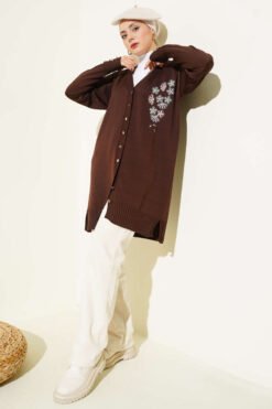 Alternative view of Button-Up Mercerized Cardigan with Floral Embroidery Brown