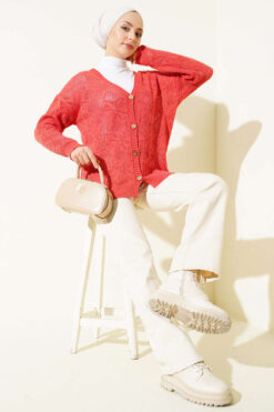 Alternative view of Floral Knit Button-Up Cardigan Coral