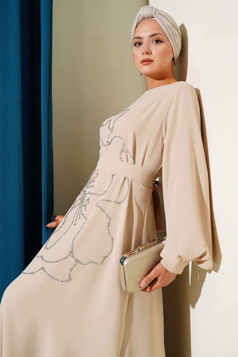 Floral Embellished Evening Dress Beige