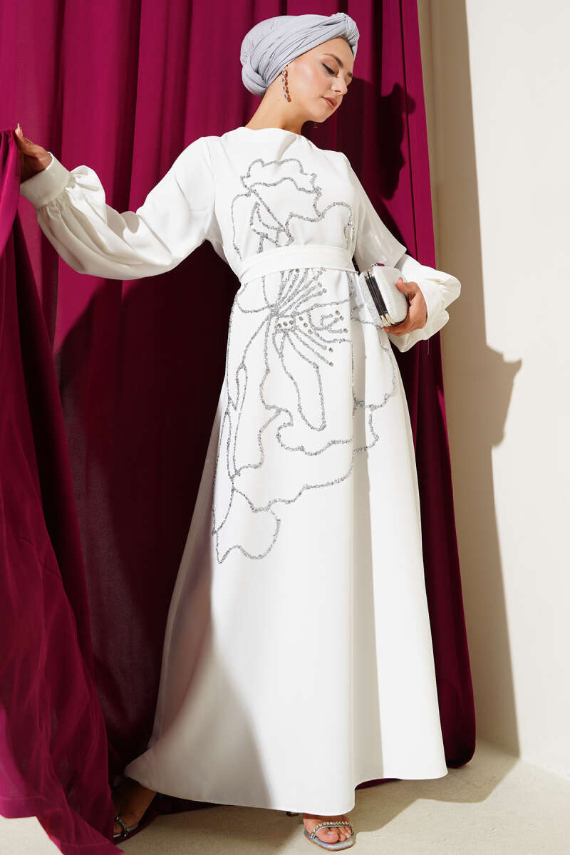 Floral Embellished Evening Dress White
