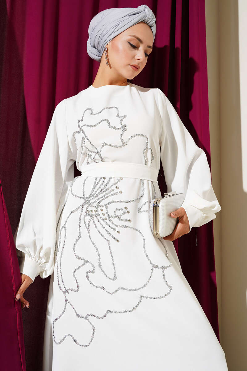 Floral Embellished Evening Dress White – Bild 2