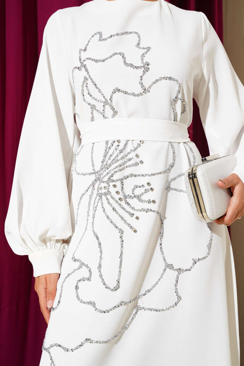 Floral Embellished Evening Dress White – Bild 4