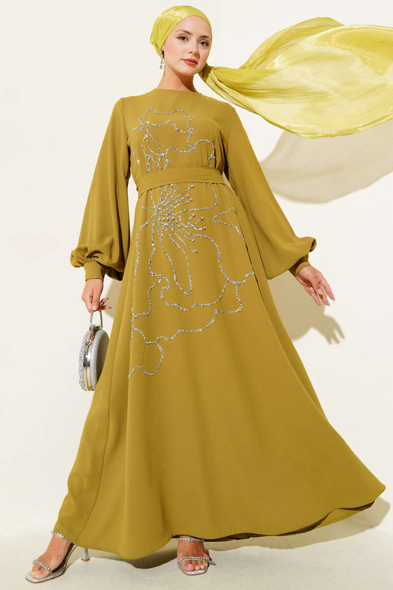 Floral Embellished Evening Dress Stone