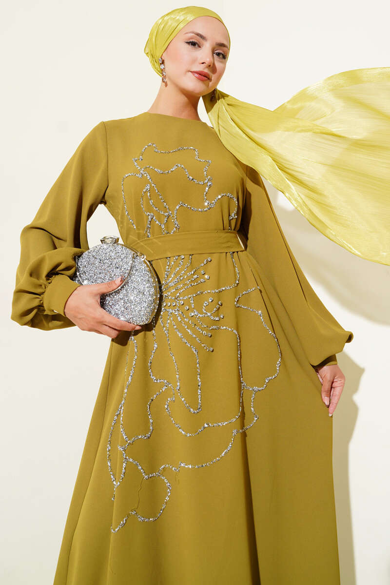 Floral Embellished Evening Dress Stone - الصورة 2