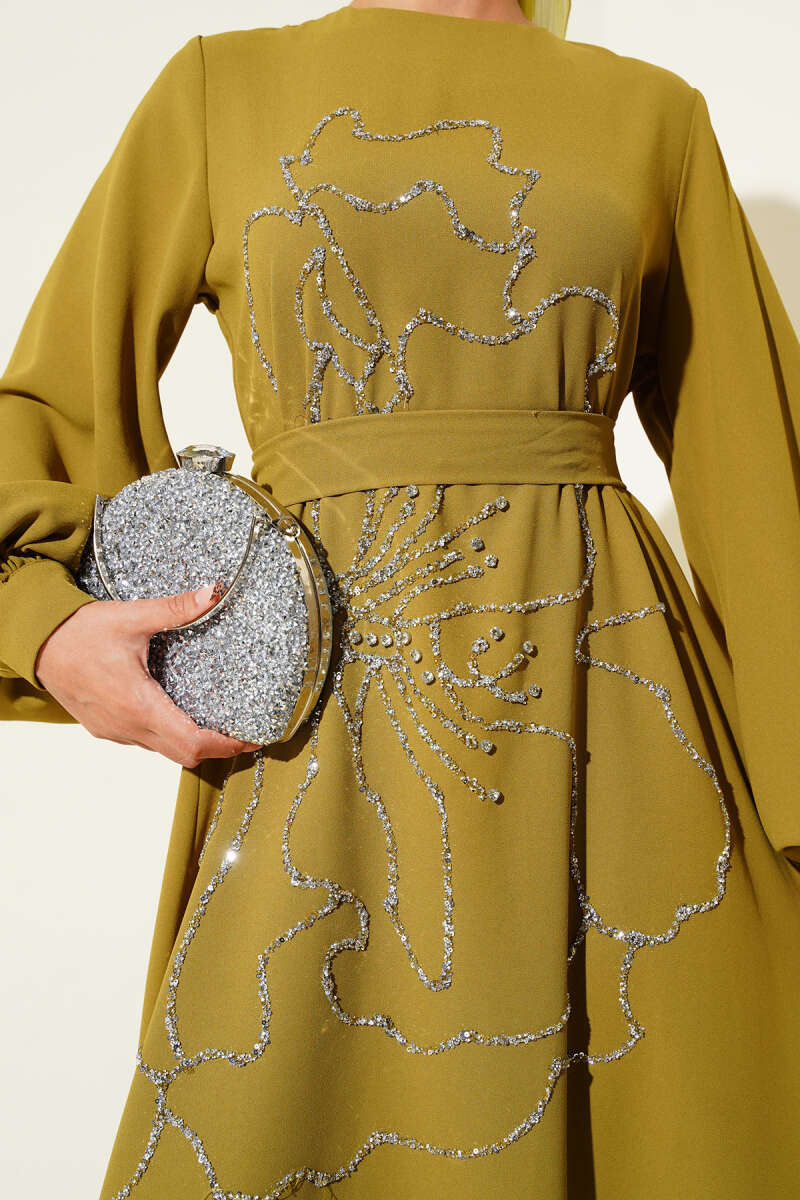 Floral Embellished Evening Dress Stone - الصورة 4