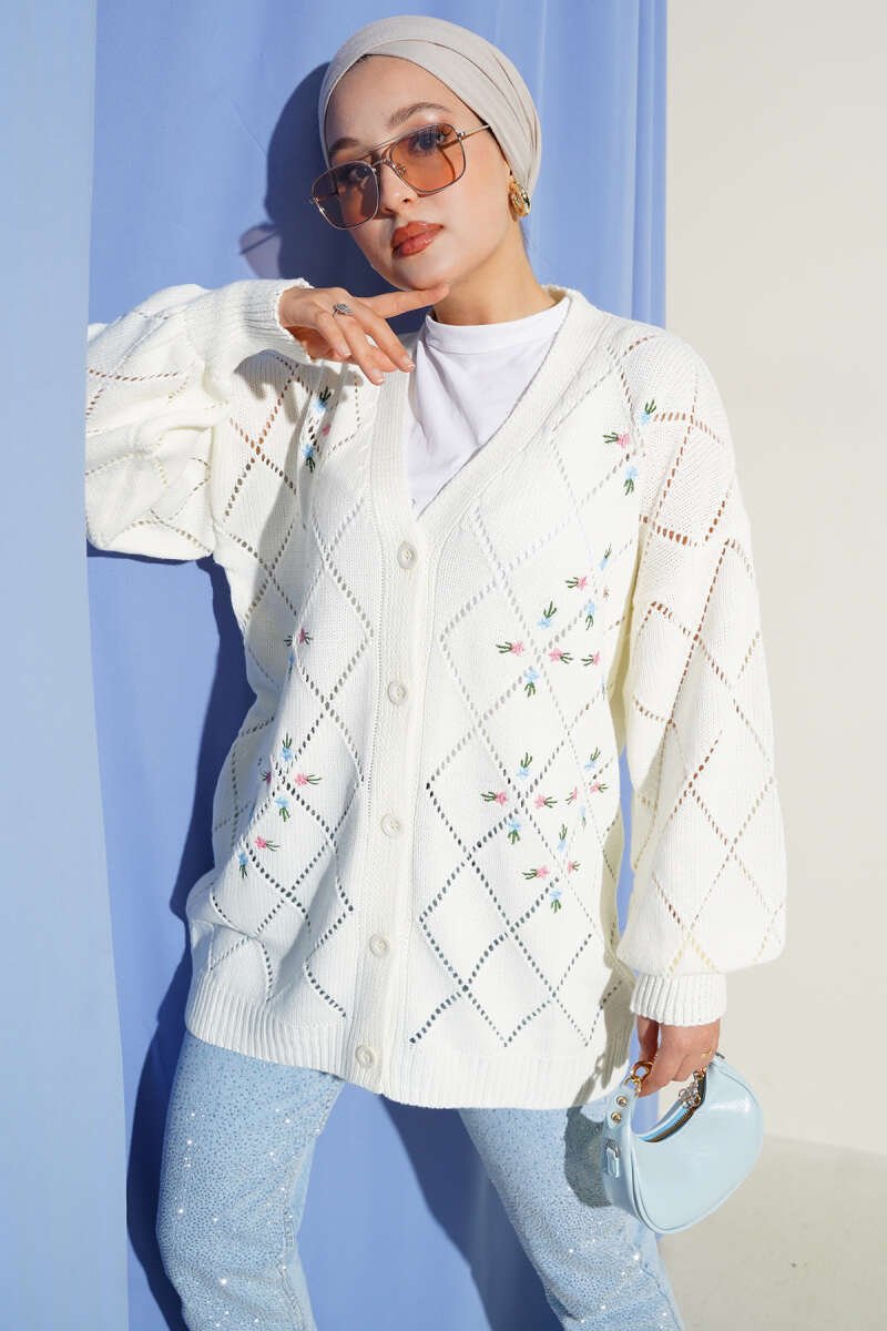 Floral Diamond Pattern Knit Cardigan Ecru