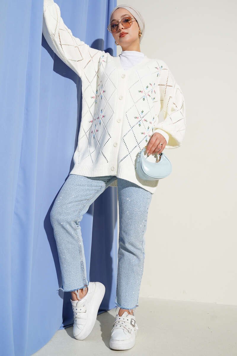 Floral Diamond Pattern Knit Cardigan Ecru - الصورة 2