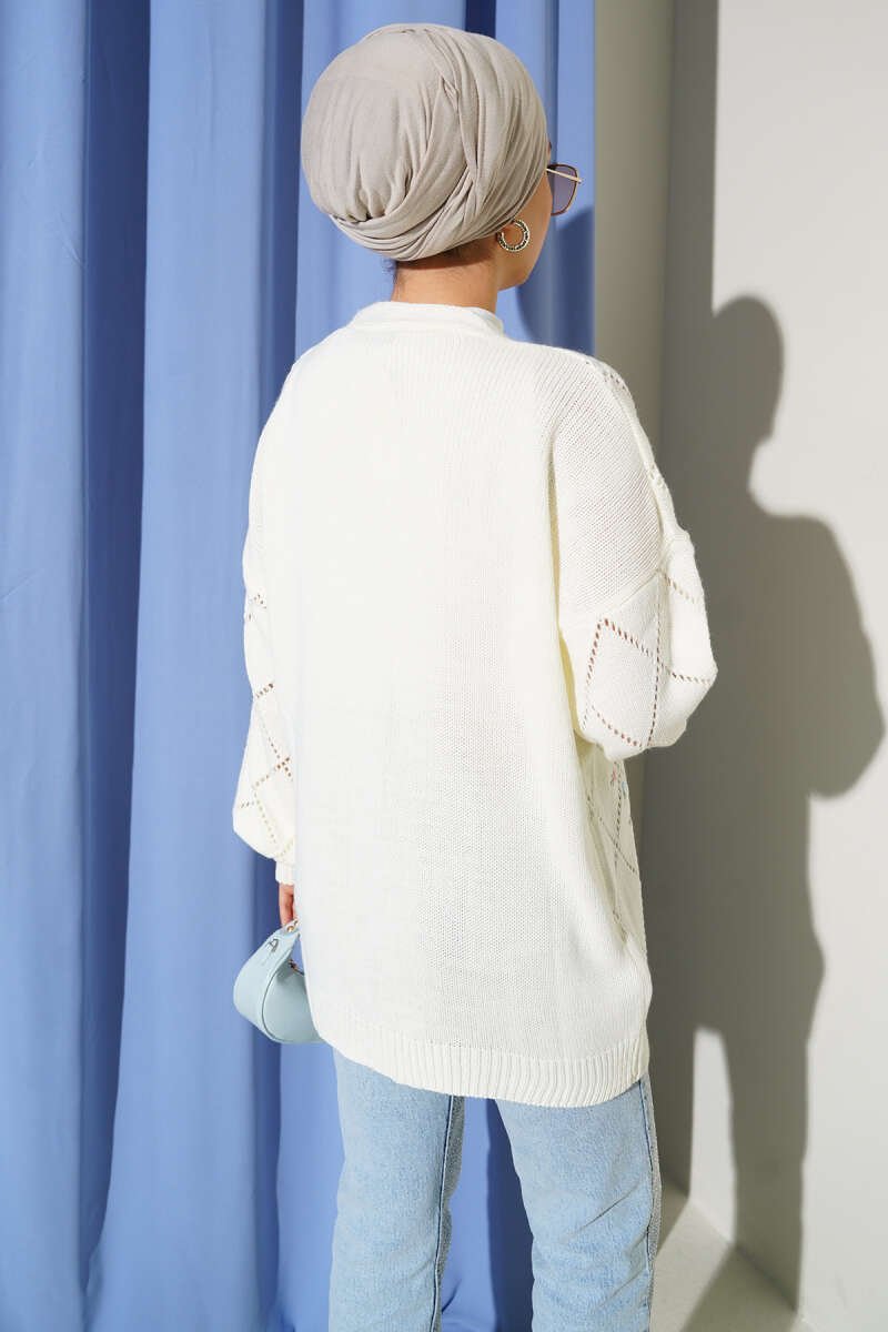Floral Diamond Pattern Knit Cardigan Ecru - الصورة 3