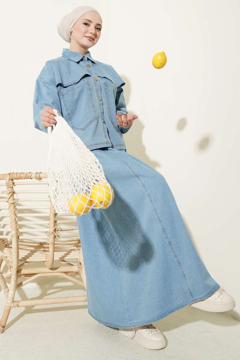 Denim Jacket and Skirt Two-Piece Set Light Blue