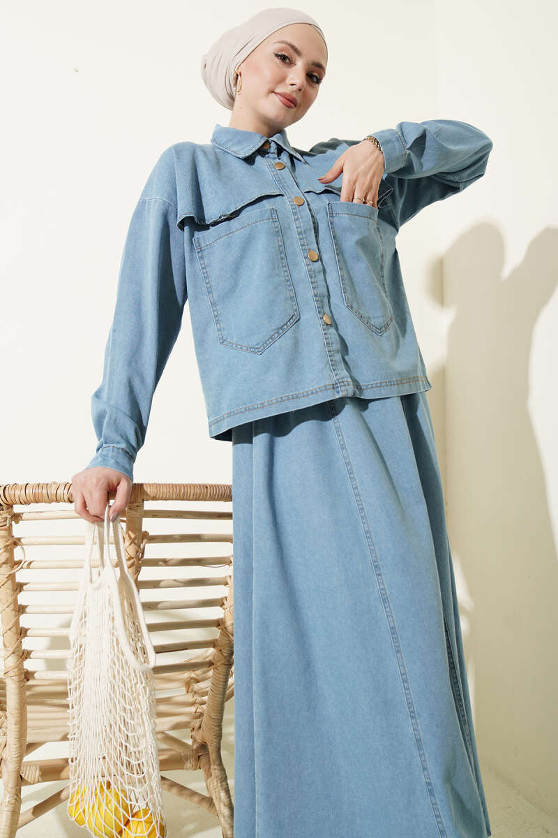 Denim Jacket and Skirt Two-Piece Set Light Blue - immagine 2